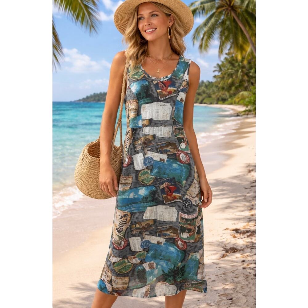 Jams World Vintage Travel Postcard Print Side Slit Midi Dress Pockets Size Small